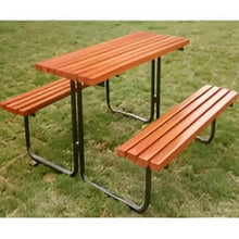 Outdoor wooden bench and table set, orange slat tops with black curved legs
