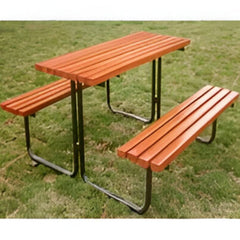 Huitich wooden patio bench with table featuring slatted wood design and metal frame on grass