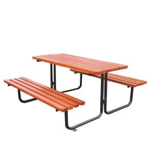 Wooden patio bench and table set with orange slats and black metal legs