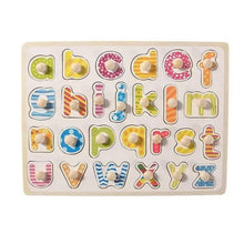Alphabet puzzle with colorful letter cutouts and peg pieces on a board
