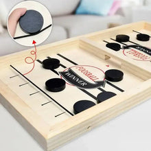Wooden puck game board with dark round pucks on the grid and raised frame