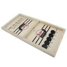 Two-player wooden puck game board with light and dark round pieces