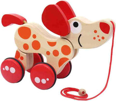 Huitich wooden pull along puppy toy with red wheels and orange spots for kids