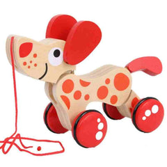Huitich kids wooden pull along puppy toy in natural wood with red wheels ears and tail