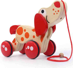 Huitich wooden pull along puppy toy with red wheels and orange spots for kids to walk along