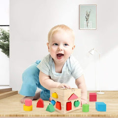 Huitich wooden shape sorting set for kids with colorful blocks and toddler playing on floor