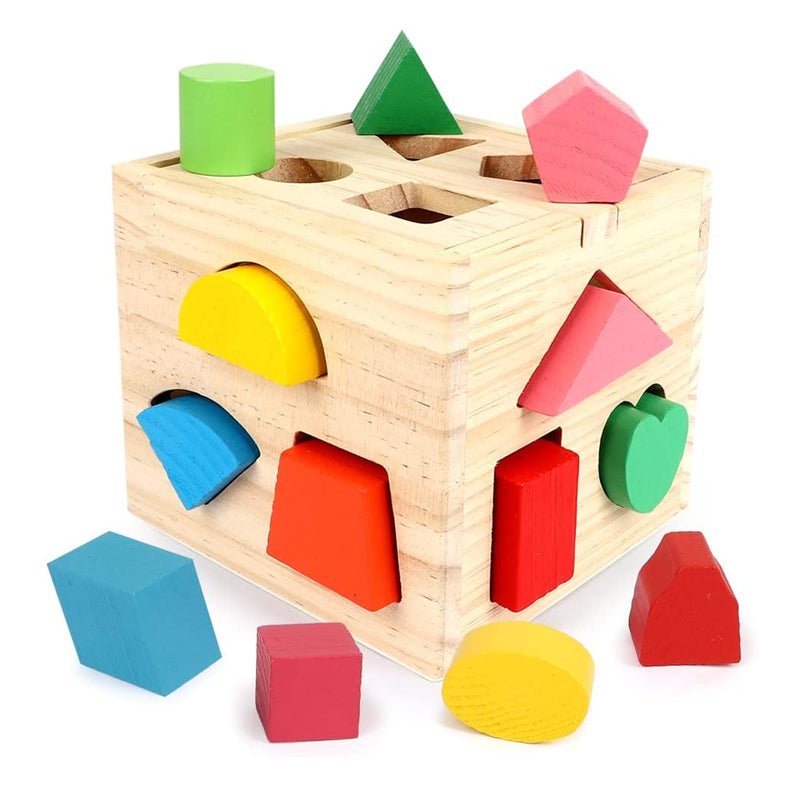 Huitich wooden shape sorting set for kids with colorful geometric shapes and natural wood cube