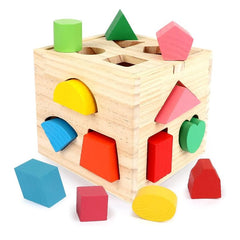 Huitich wooden shape sorting set for kids with colorful geometric shapes and natural wood cube