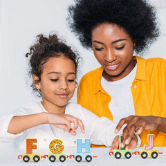 Huitich wooden toy train for early learning with colorful letter blocks played by child and adult