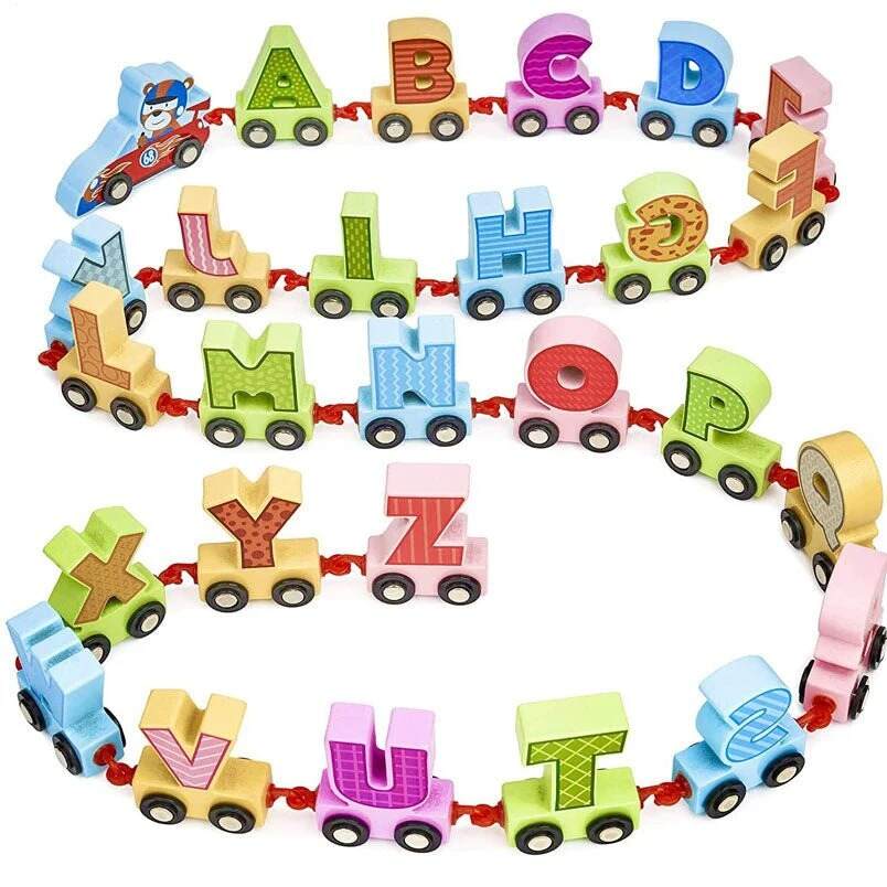 Huitich colorful wooden toy train for early learning featuring alphabet letters on connected cars