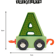 Huitich wooden toy train for early learning shaped like the letter A in green with black wheels