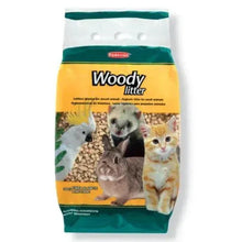 Woody litter bag for small animals, front with animal photos and green trim