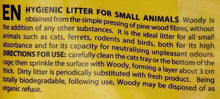 Woody litter bag side panel with hygiene instructions text for small animals