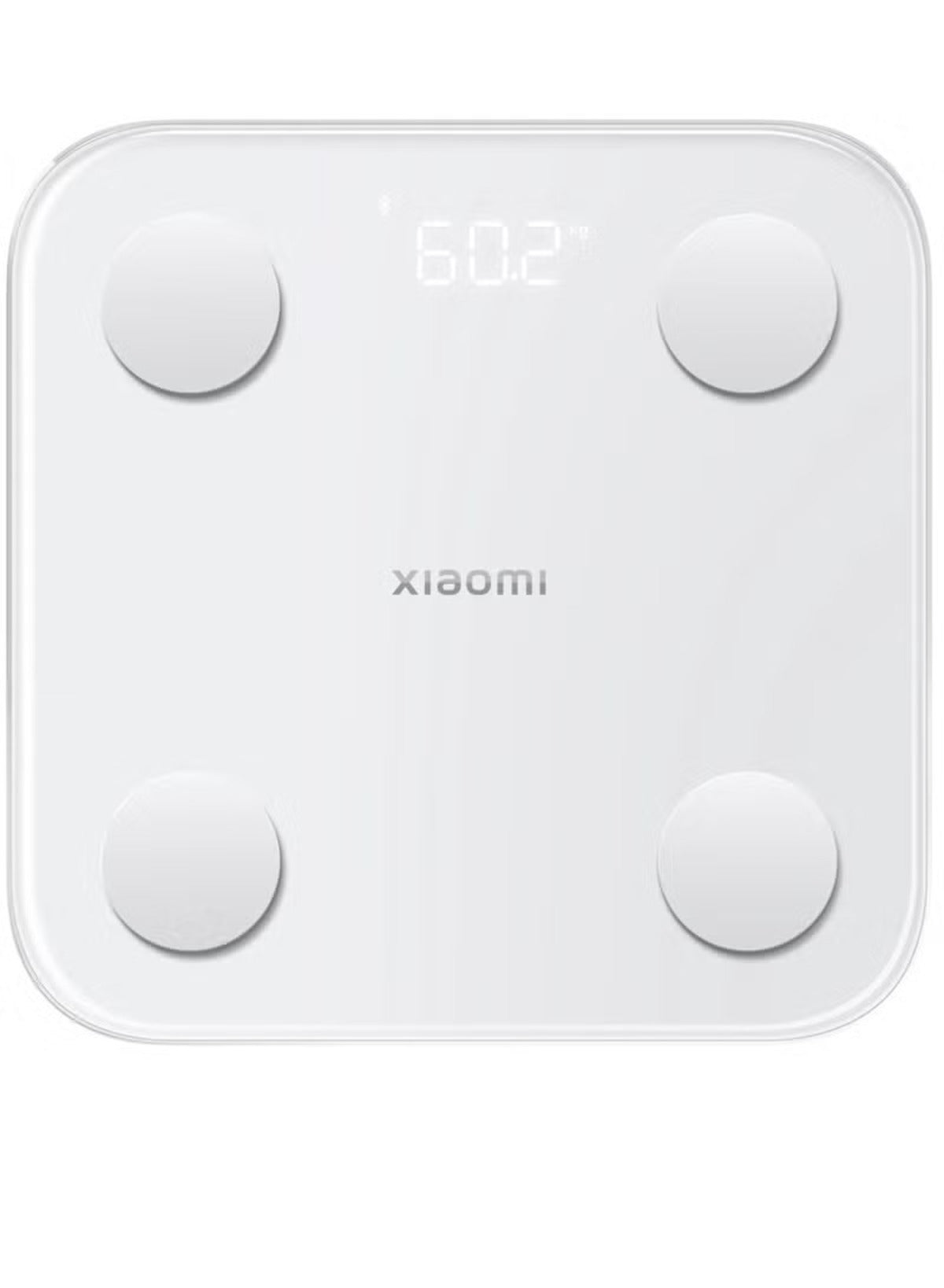 Xiaomi body composition smart scale in white with a digital display showing weight
