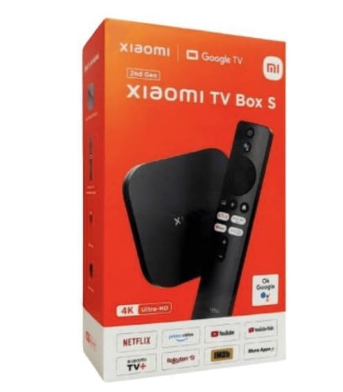 Xiaomi Mi Box S 2nd Gen 4K streaming device with remote control in red and black packaging