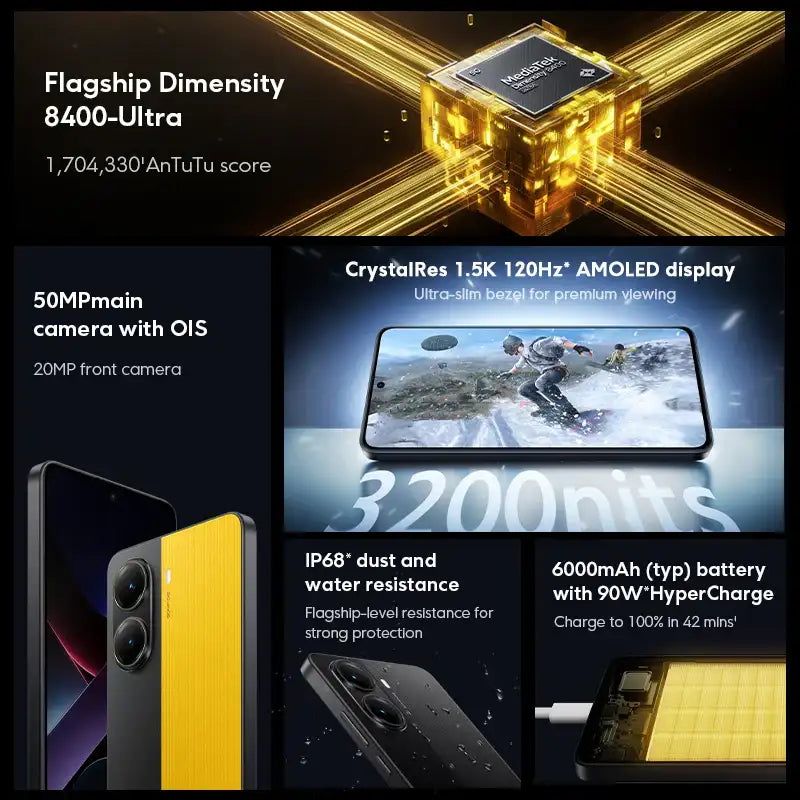 Xiaomi POCO X7 Pro global version smartphone showing yellow phone 50MP camera AMOLED display 6000mAh battery IP68