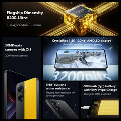 Xiaomi POCO X7 Pro global version smartphone showing yellow phone 50MP camera AMOLED display 6000mAh battery IP68