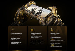 Xiaomi POCO X7 Pro global version smartphone held by gold robotic hands showing mobile game and performance feature panels