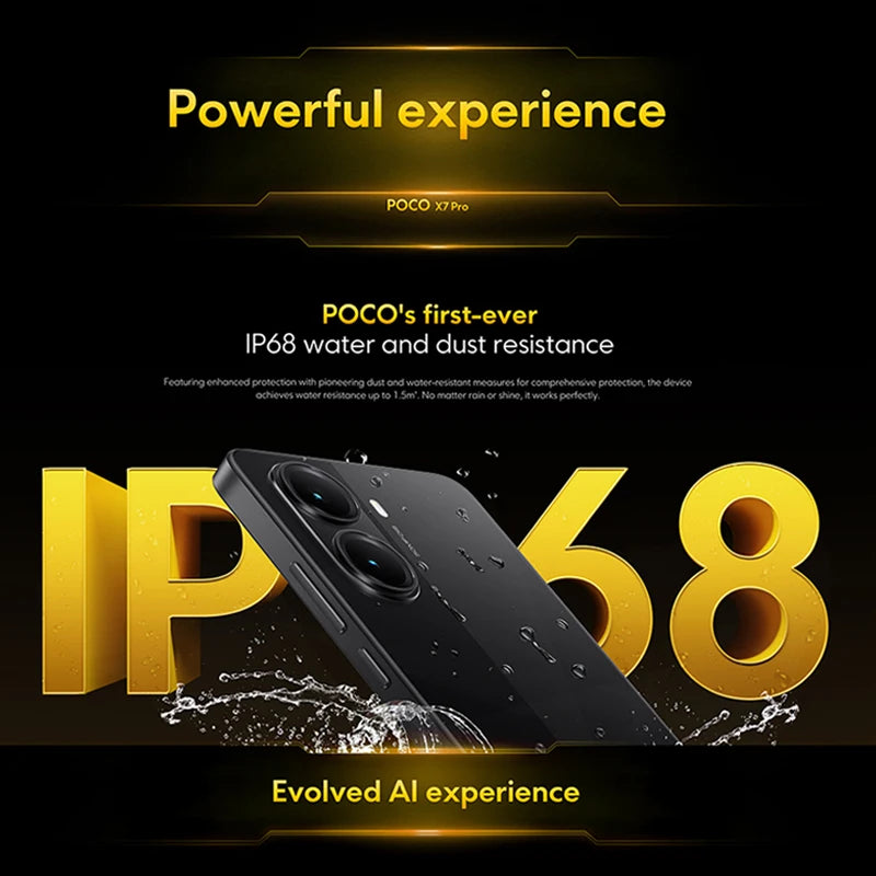 Xiaomi POCO X7 Pro global version smartphone showing black phone with water droplets and IP68 water and dust resistance
