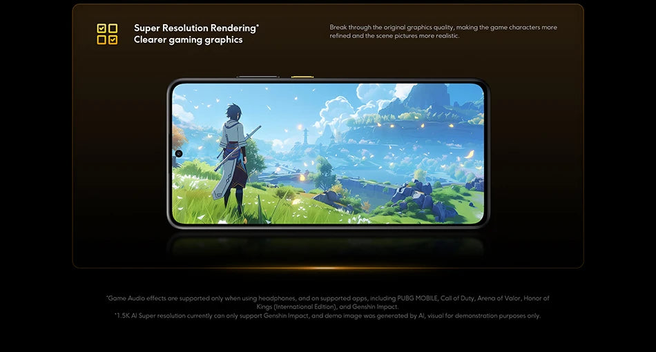 Xiaomi POCO X7 Pro global version smartphone in landscape mode showing vibrant open world game scene with character