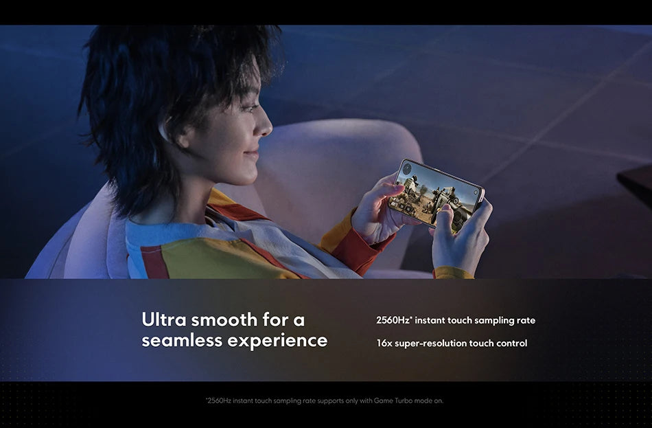 Person gaming on couch holding POCO X7 Pro global version smartphone showing ultra smooth touch control