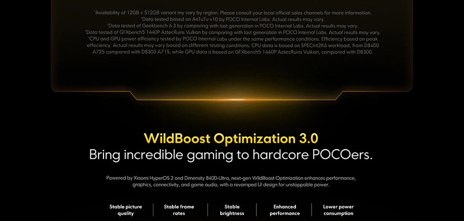 Xiaomi POCO X7 Pro global version smartphone banner highlighting WildBoost Optimization 3.0 for gaming