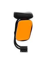 Scooter seat with black cushion and orange storage box backrest panel