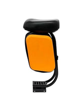Scooter storage box seat with black cushion and orange backrest panel