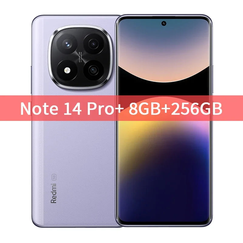 Xiaomi Redmi Note 14 Pro Plus 5G global version. Purple curved display smartphone with front screen and rear triple camera