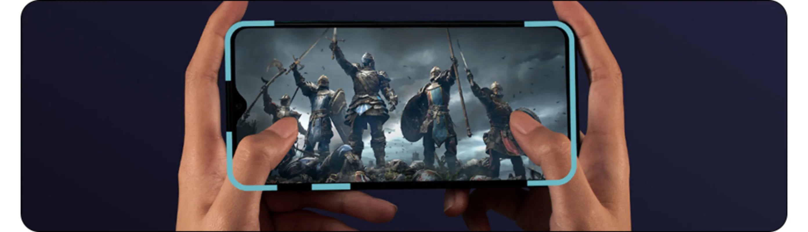 Hands holding smartphone showing medieval battle gameplay on screen used Redmi Note 8 Pro for sale