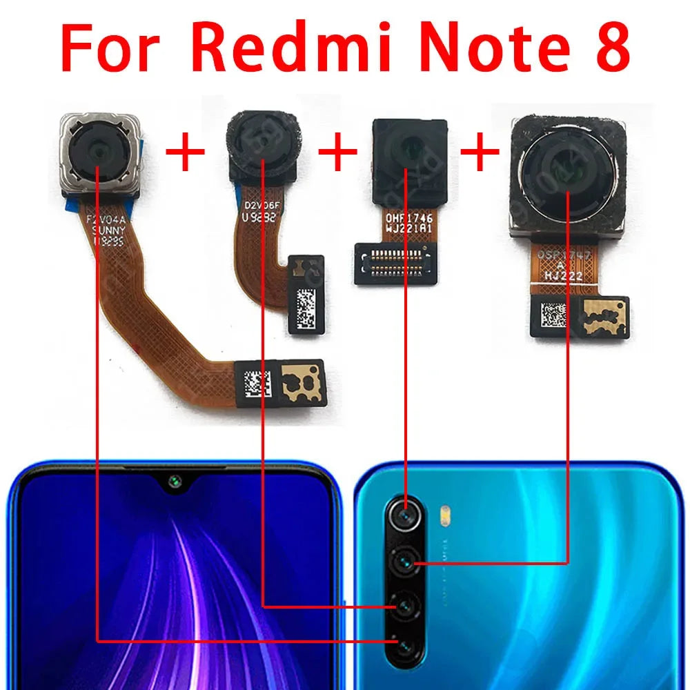 Xiaomi Redmi Note 8 Pro camera replacement set showing front and rear camera modules and flex cables
