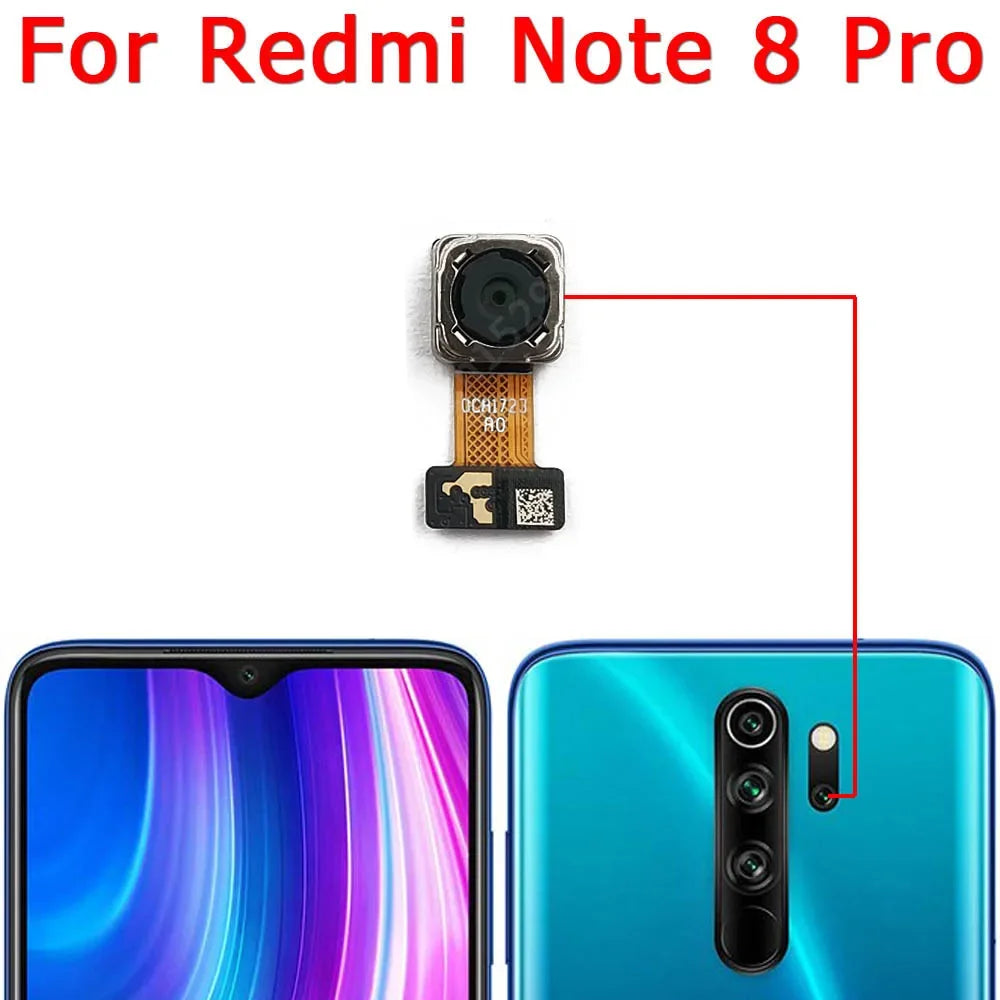 Xiaomi Redmi Note 8 Pro camera replacement rear camera module shown beside phone front and back for repair