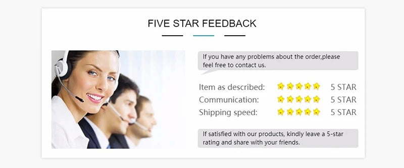 Customer service team graphic showing five star feedback and reviews for Xiaomi Redmi Note 8 Pro camera replacement