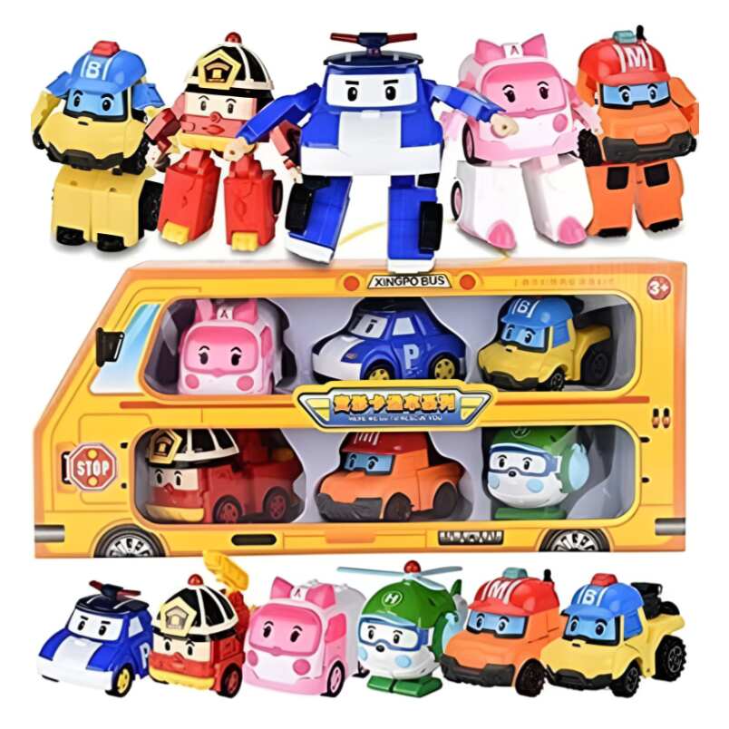 Huitich colorful transformable robot car toy set with multiple characters and a yellow bus packaging