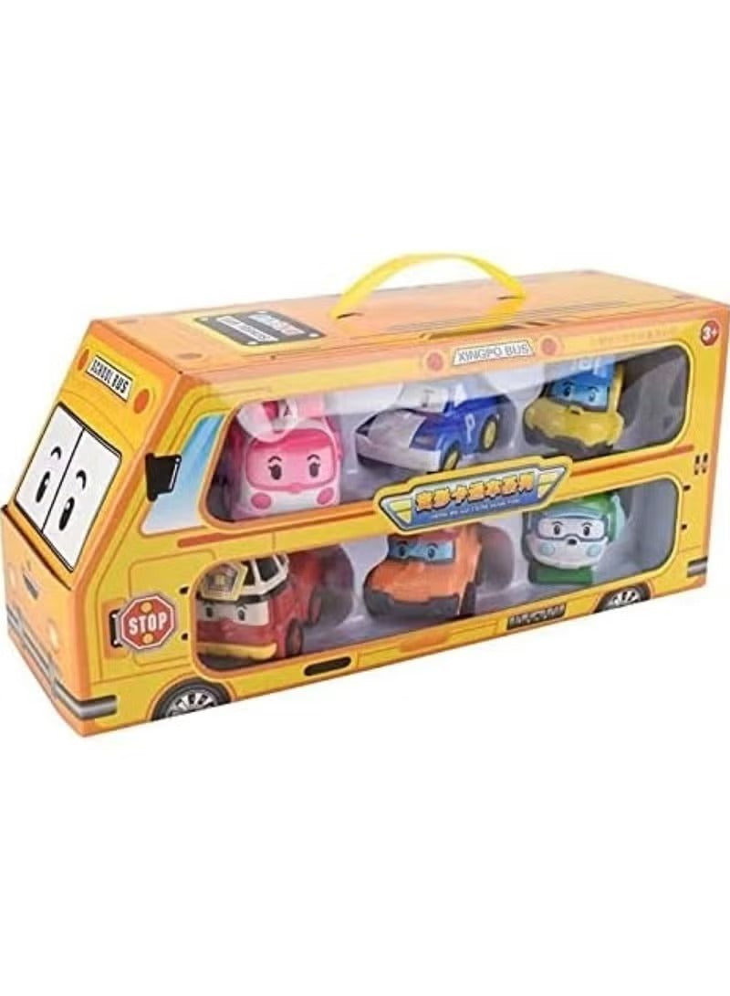 Huitich transformable robot car toy set with colorful cartoon vehicles in school bus themed packaging