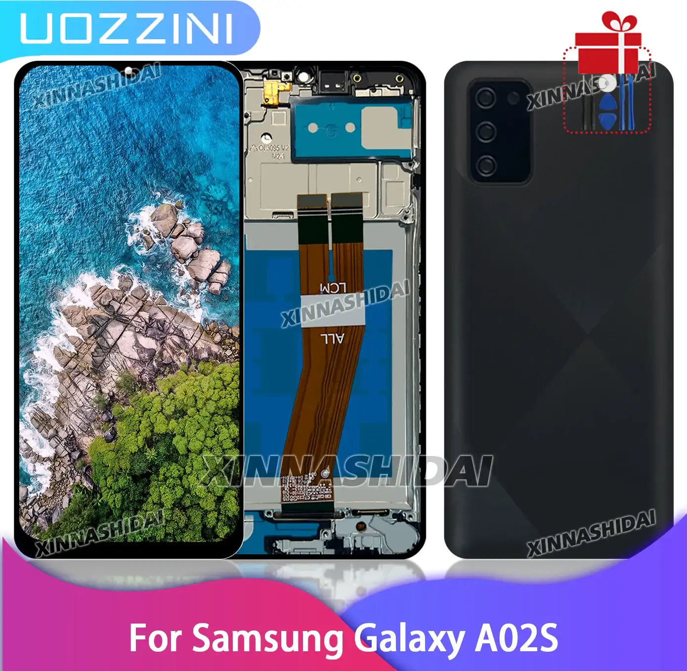 Mumzar Samsung Galaxy A02S LCD replacement full display assembly showing flex cables and black rear cover