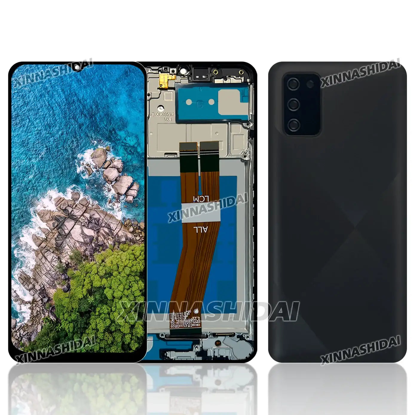 Samsung Galaxy A02S LCD replacement front display assembly with flex cables and black back cover by Mumzar