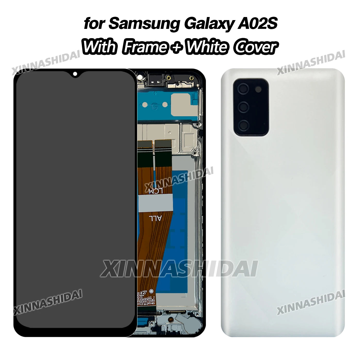 Mumzar Samsung Galaxy A02S LCD replacement with frame showing flex cable and white rear cover