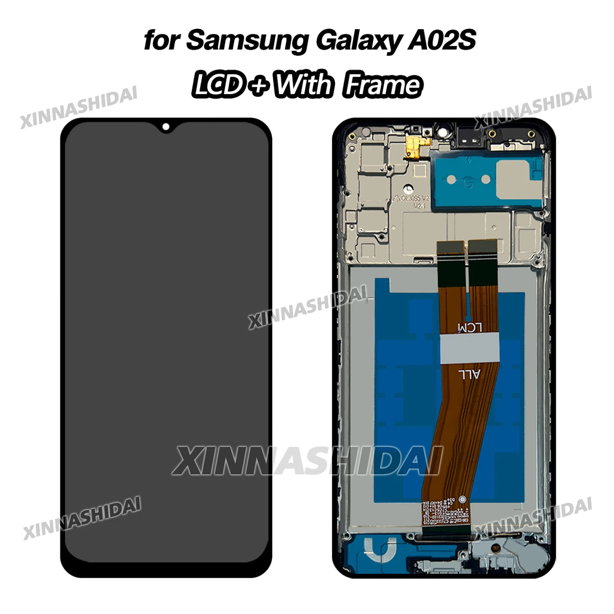 Samsung Galaxy A02S LCD replacement front display and rear frame assembly with flex cable visible