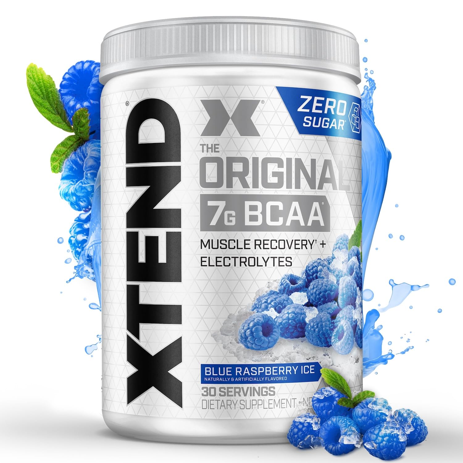 XTEND The Original blue raspberry ice supplement tub showing BCAA powder zero sugar label and frozen raspberries