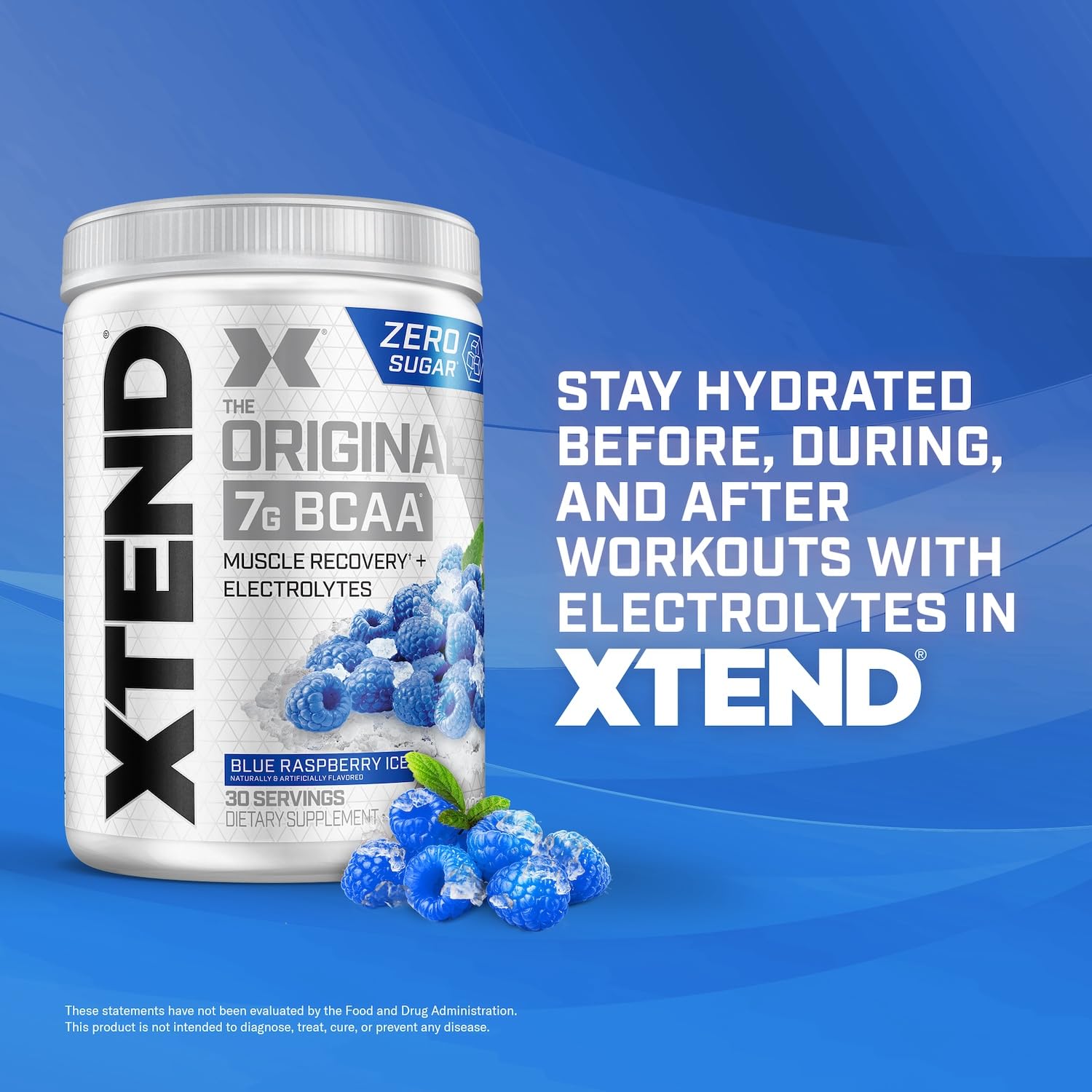 XTEND Blue Raspberry tub with raspberries and text promoting BCAA powder zero sugar and electrolytes for workouts