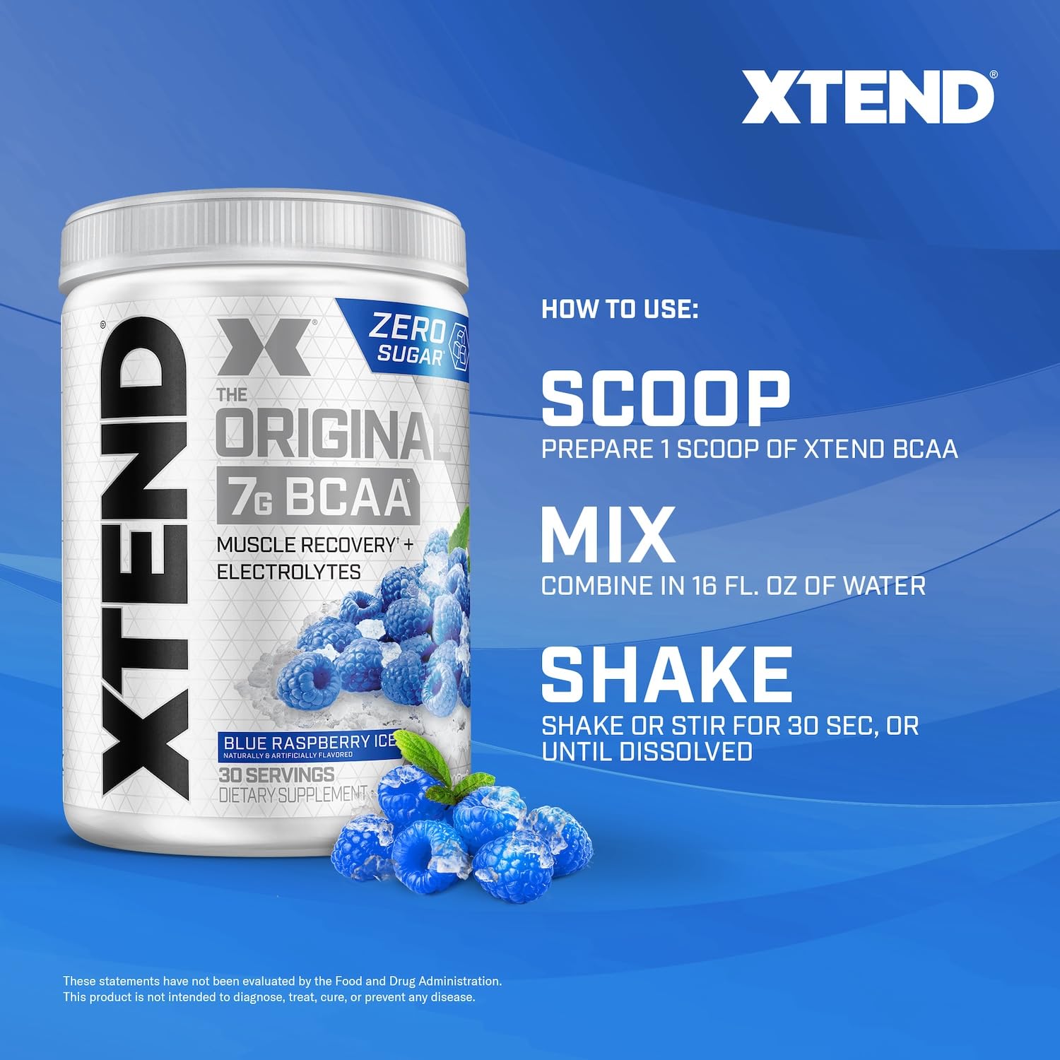 XTEND Original blue raspberry tub with fresh berries and mixing instructions for BCAA powder zero sugar