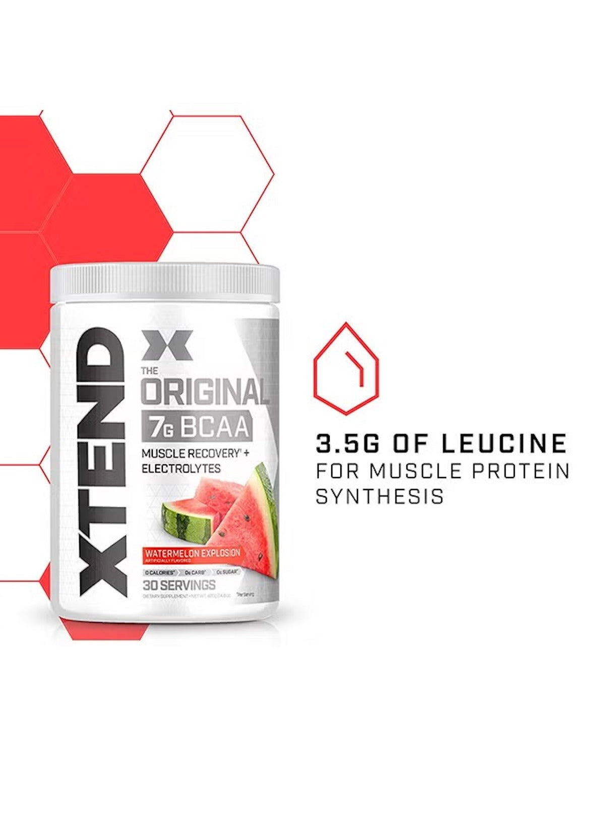 SCIVATION XTEND BCAA supplement for muscle recovery with 3.5g of leucine in watermelon flavor