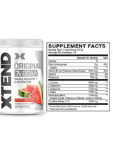 BCAA electrolyte supplement jar with Supplement Facts panel and serving size details