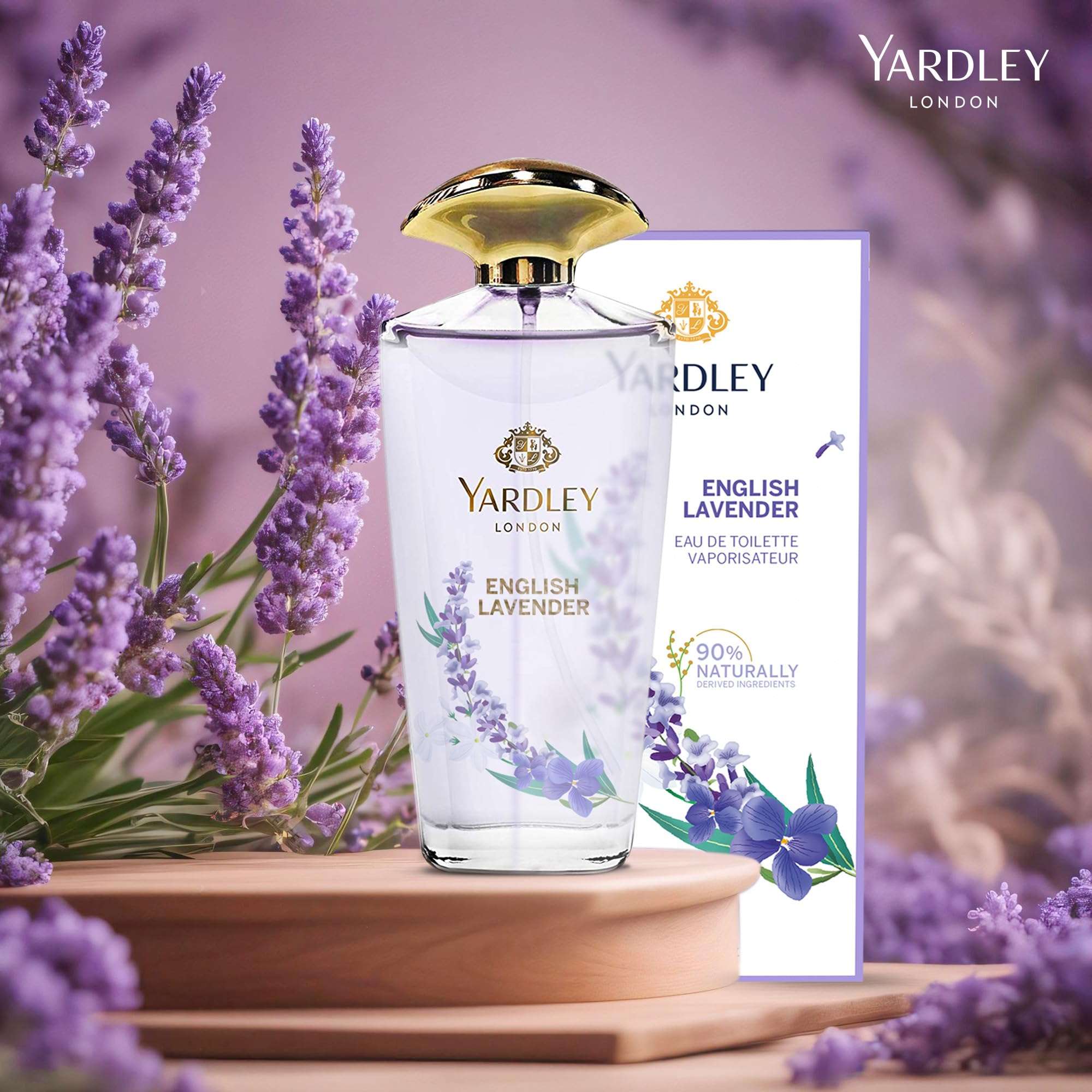 Yardley English Lavender perfume UAE bottle and packaging with lavender flowers on wooden surface