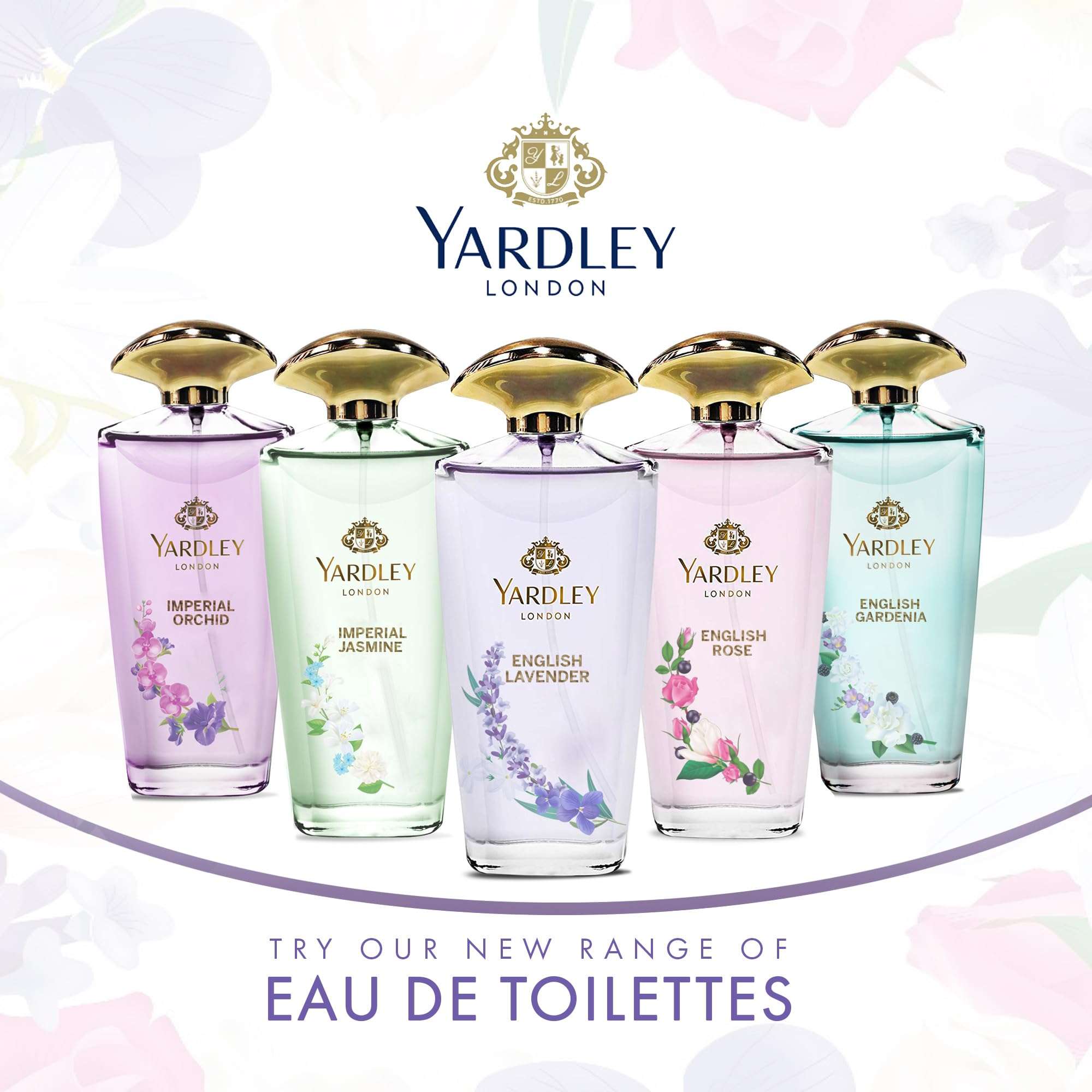 Yardley English Lavender perfume UAE Eau de Toilettes collection with five floral scents in elegant bottles