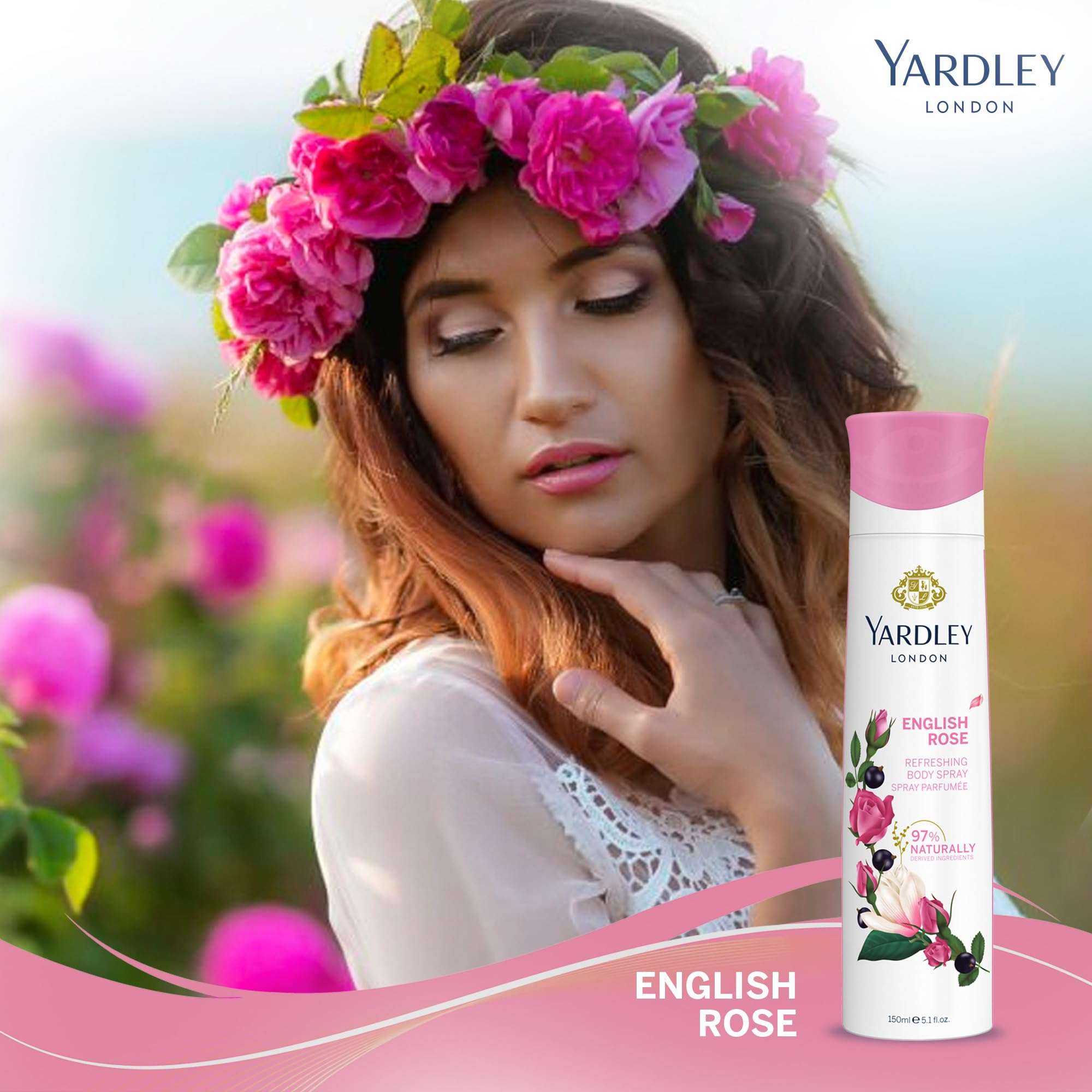 Yardley London English Rose gift set with floral body spray and woman wearing pink rose crown
