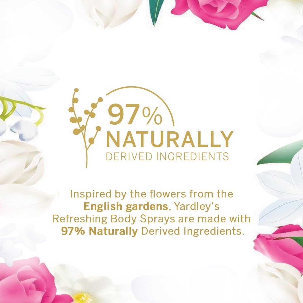 Text highlighting 97 percent naturally derived ingredients in Yardley London English Rose gift set with floral border