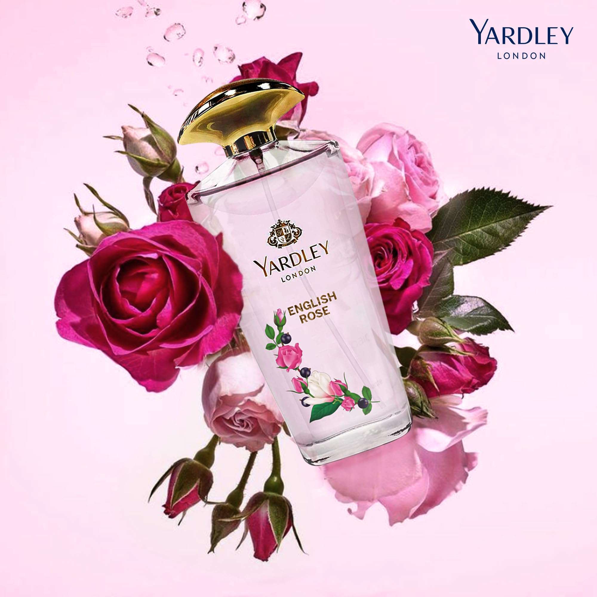 Yardley London English Rose gift set perfume bottle surrounded by pink and red roses on light pink background