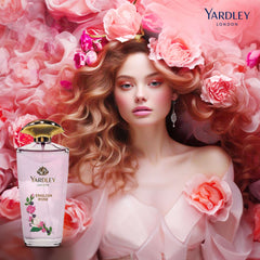 Yardley London English Rose gift set perfume with elegant woman surrounded by pink roses